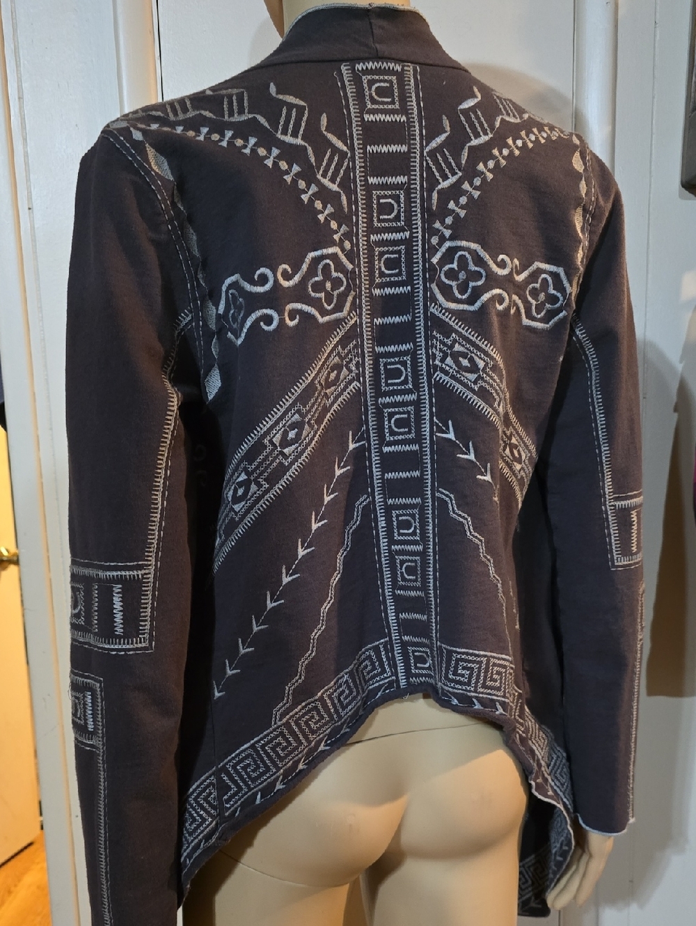 Embroidered Dark Gray Boho Open-Front Jacket With Pockeys